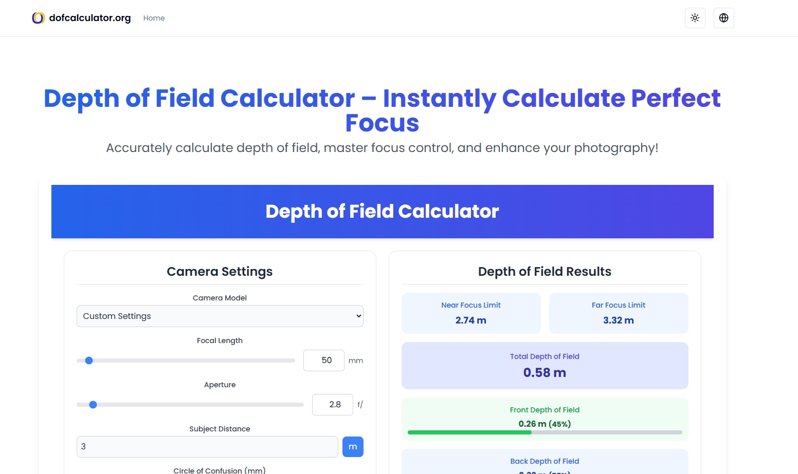 Calcolatore DOF media 1