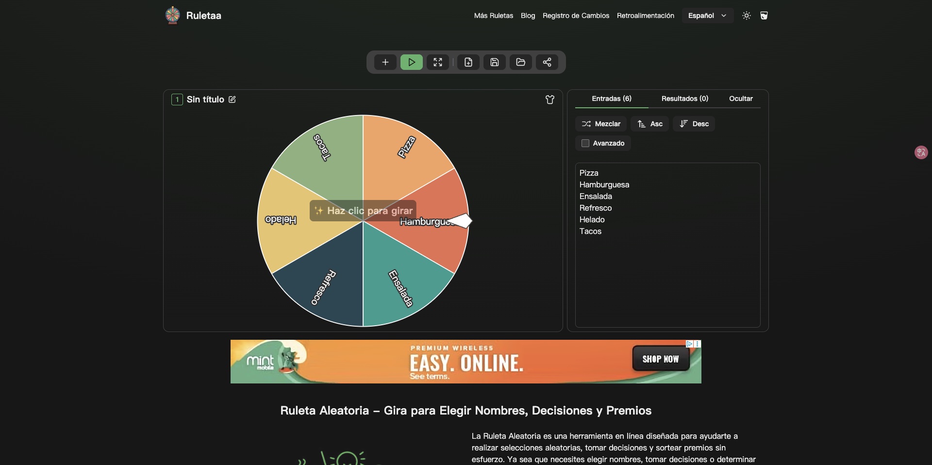 Média Roulette aléatoire - Ruleta Aleatoria est une application Web conviviale qui permet aux utilisateurs de prendre des décisions avec des roues aléatoires. 1