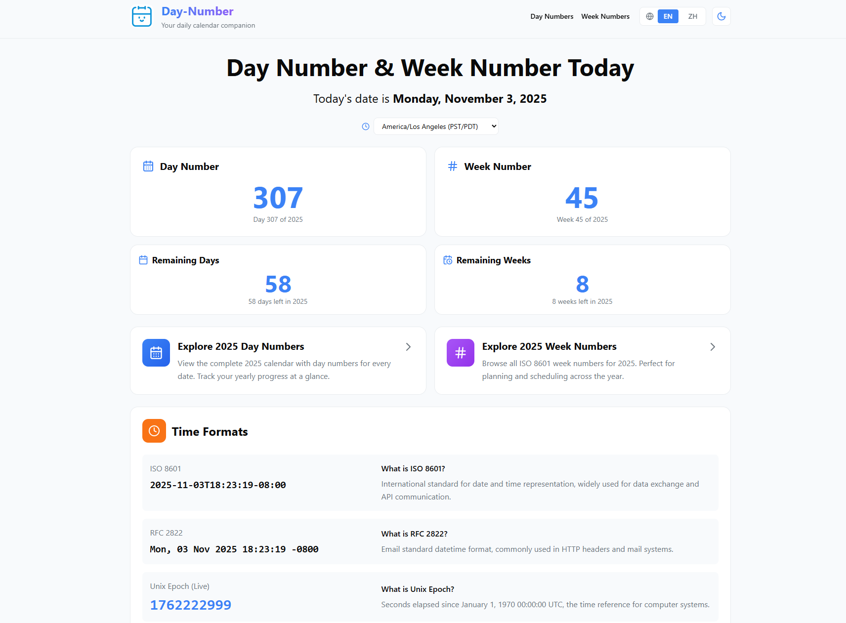 Número de día - Muestra el número del día actual, el número de la semana y la fecha de hoy, hora ISO 8601, hora de la época Unix. media 1