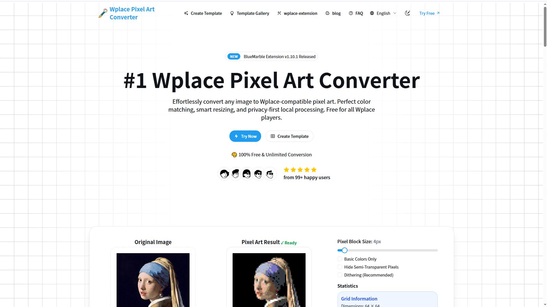 Wplaces - Effortlessly convert any image to Wplace-compatible pixel art. Perfect color matching, smart resizing, and privacy-first local processing. Free for all Wplace players.媒体1