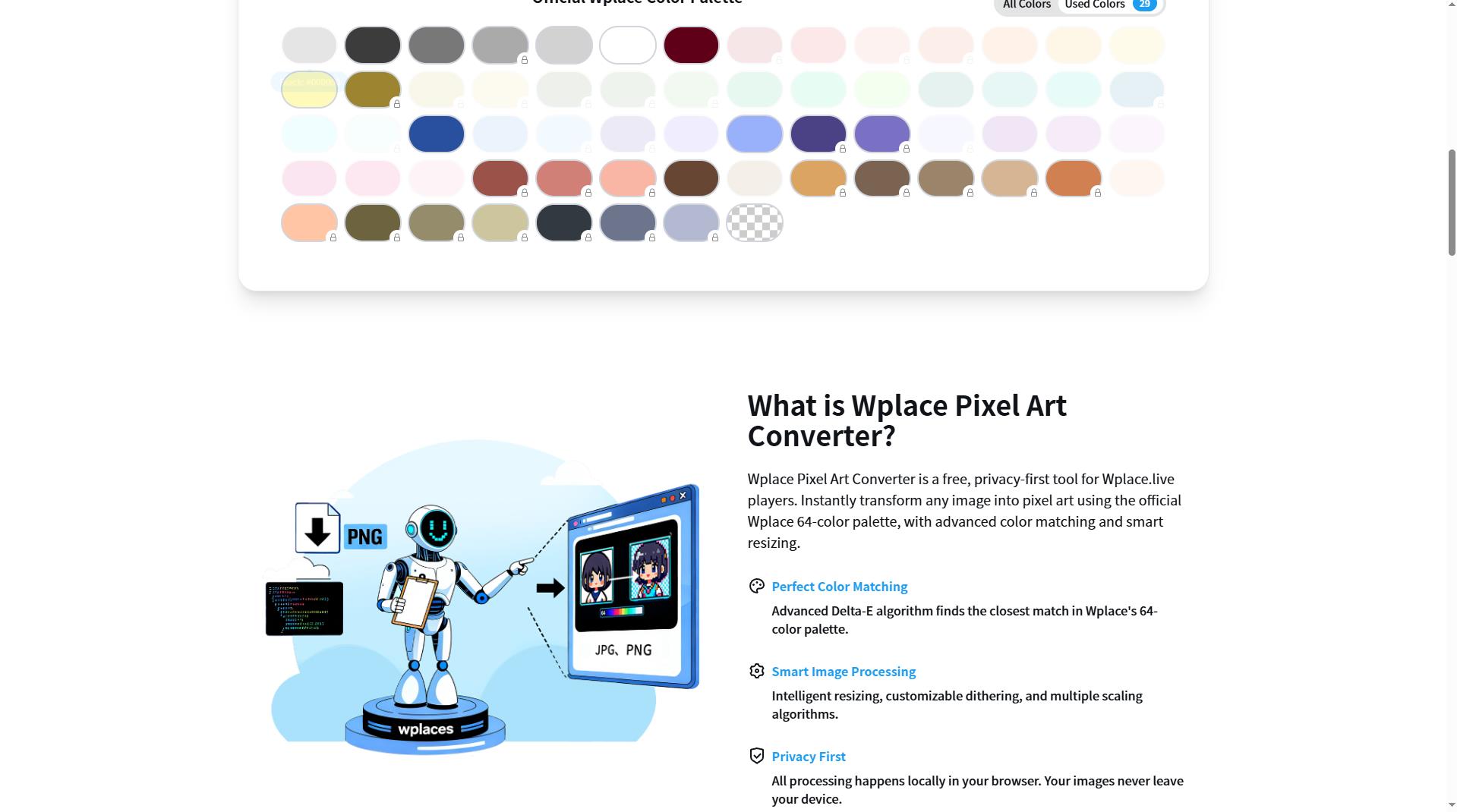 Wplaces - Effortlessly convert any image to Wplace-compatible pixel art. Perfect color matching, smart resizing, and privacy-first local processing. Free for all Wplace players.媒体2