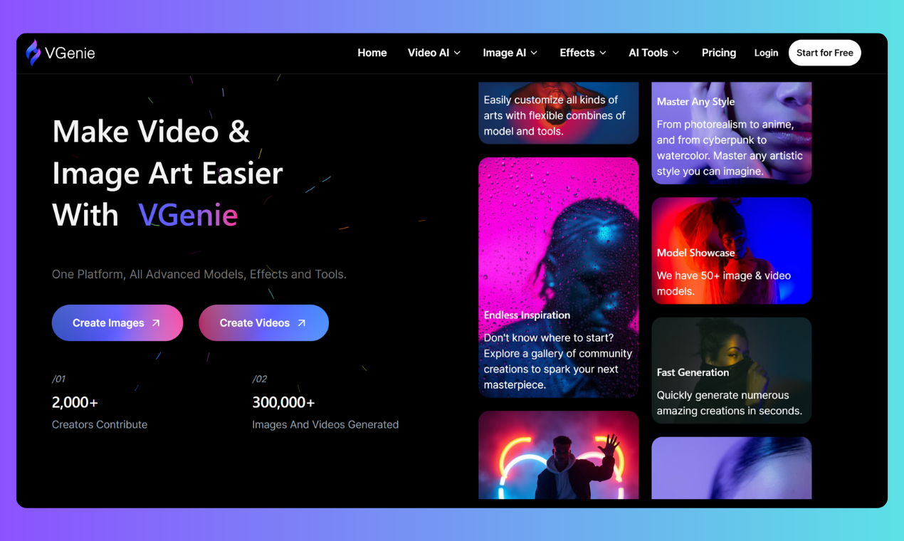VGenie - Ultiem AI-kunstplatform: video- en beeldmaker |VGenie media 1