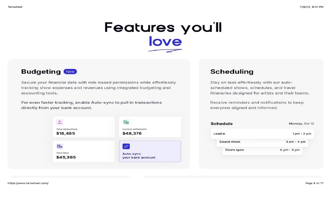 وسائط العجلة الدوارة - الجولات الموسيقية، والأحداث الحية، وإدارة الجولات، وإدارة الفنانين، والخدمات اللوجستية للأحداث، وبرامج الميزانية، والترفيه المباشر، SaaS للموسيقى، 1