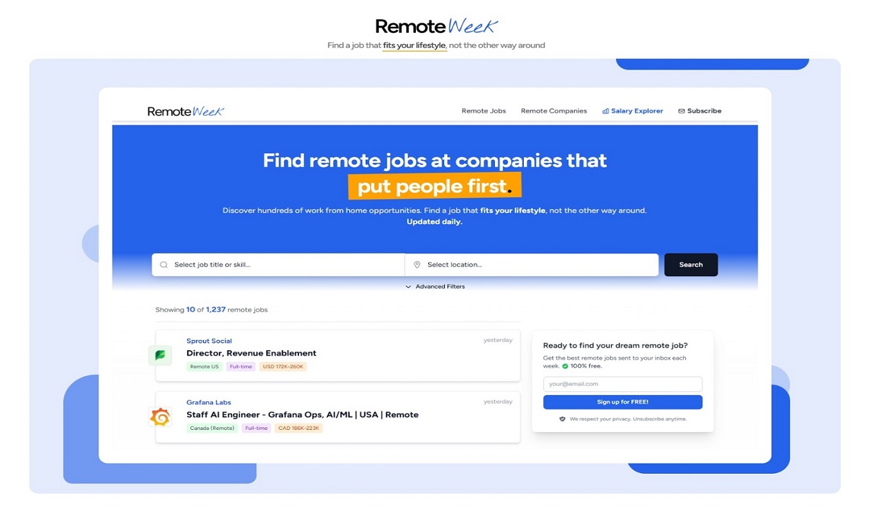 RemoteWeek - remote jobs, remote work, job board, tech jobs, work from home, remote careers, software development jobs, media 1
