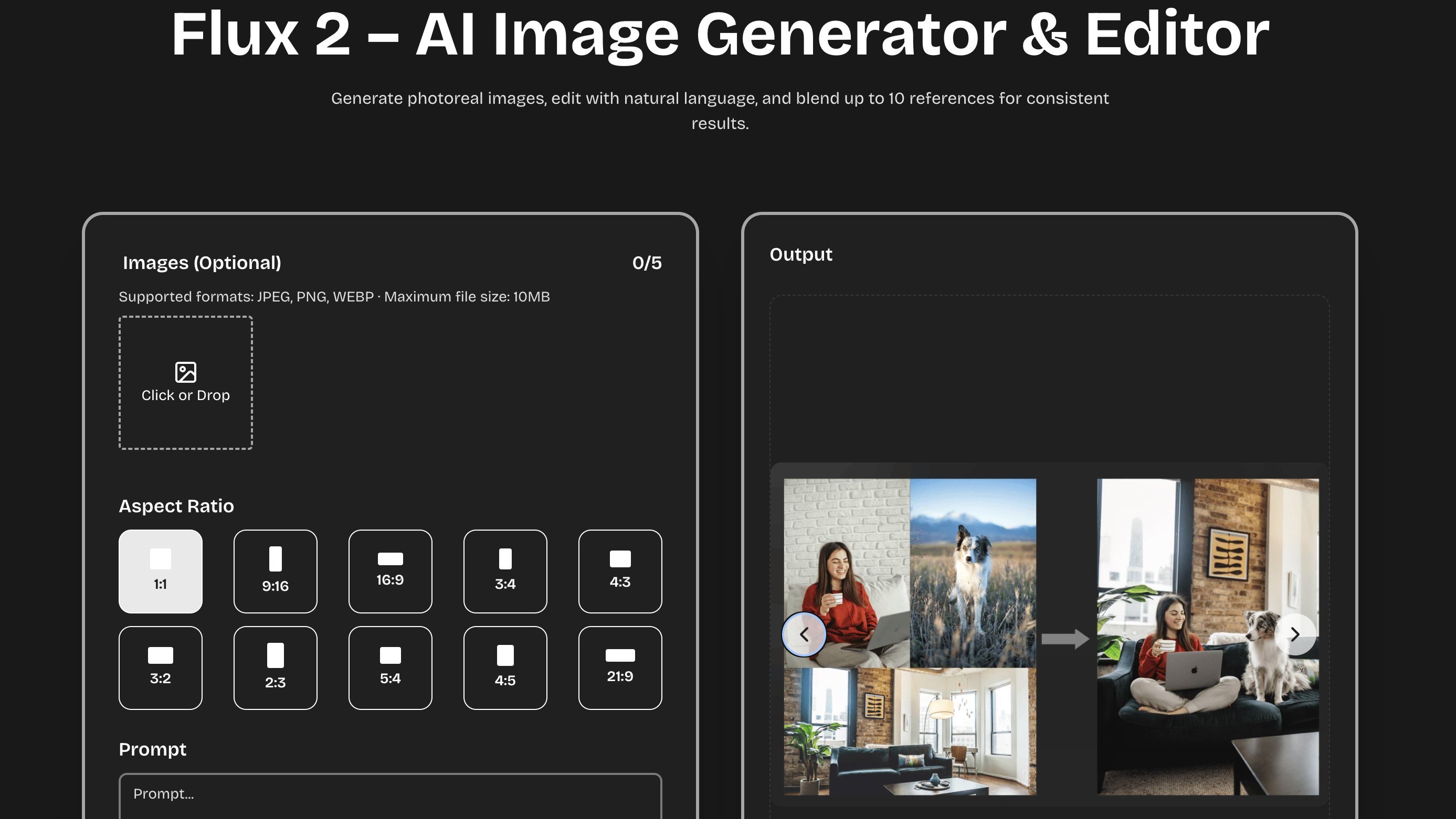 Media Fluks 2 - Flux 2 adalah suite model imej AI percuma untuk penciptaan teks-ke-imej dan imej-ke-imej.Campurkan 10 refs, edit dengan teks biasa, menjadikan hasil photoreal cepat - Pro, Flex, Dev. 1