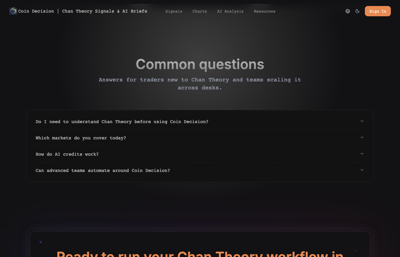 コインの決定 - Coin Decision は、チャン理論の設定について主要な暗号通貨市場を監視し、最もクリーンなシグナルをランク付けし、AI ブリーフをスピンアップして、チームが数分でアラートから取引に移行できるようにします。メディア4
