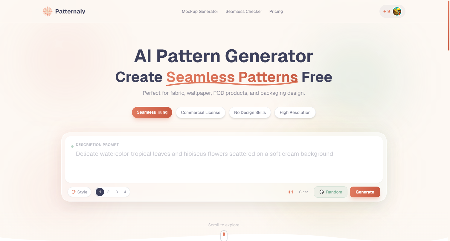패턴적으로 - AI를 사용하여 원활한 패턴 만들기 — 무료로 빠르며 디자인 기술이 필요하지 않습니다. 미디어 1