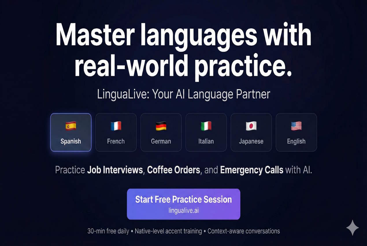 Lingua Live - LinguaLive ist Ihr Echtzeit-KI-Sprachpartner.Merken Sie sich nicht nur Wörter.Üben Sie Vorstellungsgespräche, Kaffeebestellungen und Notrufe auf Englisch, Spanisch, Japanisch, Französisch, De Medien 1