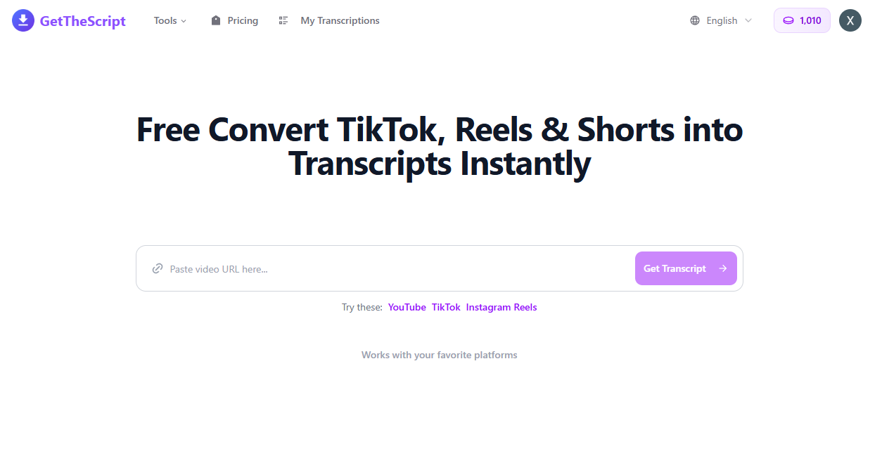 獲取腳本 - 立即將 TikTok、Instagram Reels 和 Shorts 轉換為準確的腳本 media 1