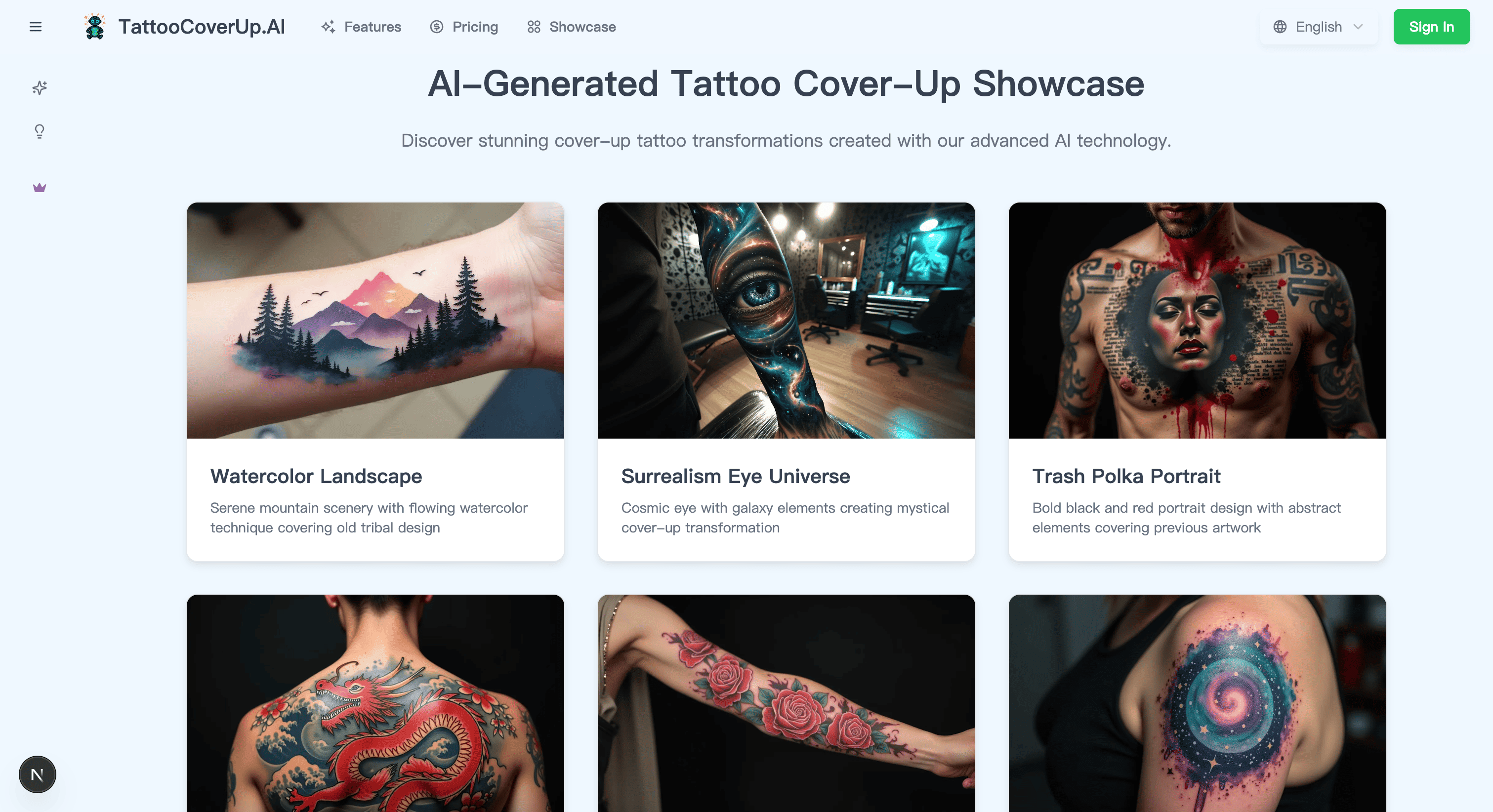 TattooCoverUp.AI - เครื่องกำเนิดการปกปิดรอยสัก AI ปฏิวัติวงการ - เครื่องกำเนิดรอยสัก AI, ​​การเปลี่ยนแปลงรอยสัก, เครื่องกำเนิดรอยสัก AI, ​​ปกปิดแนวคิดเกี่ยวกับรอยสัก, การปรับเปลี่ยนรอยสัก, เครื่องมือวางแผนรอยสัก, ดูตัวอย่างรอยสักดิจิทัล, โซลูชันการปกปิดรอย media 1