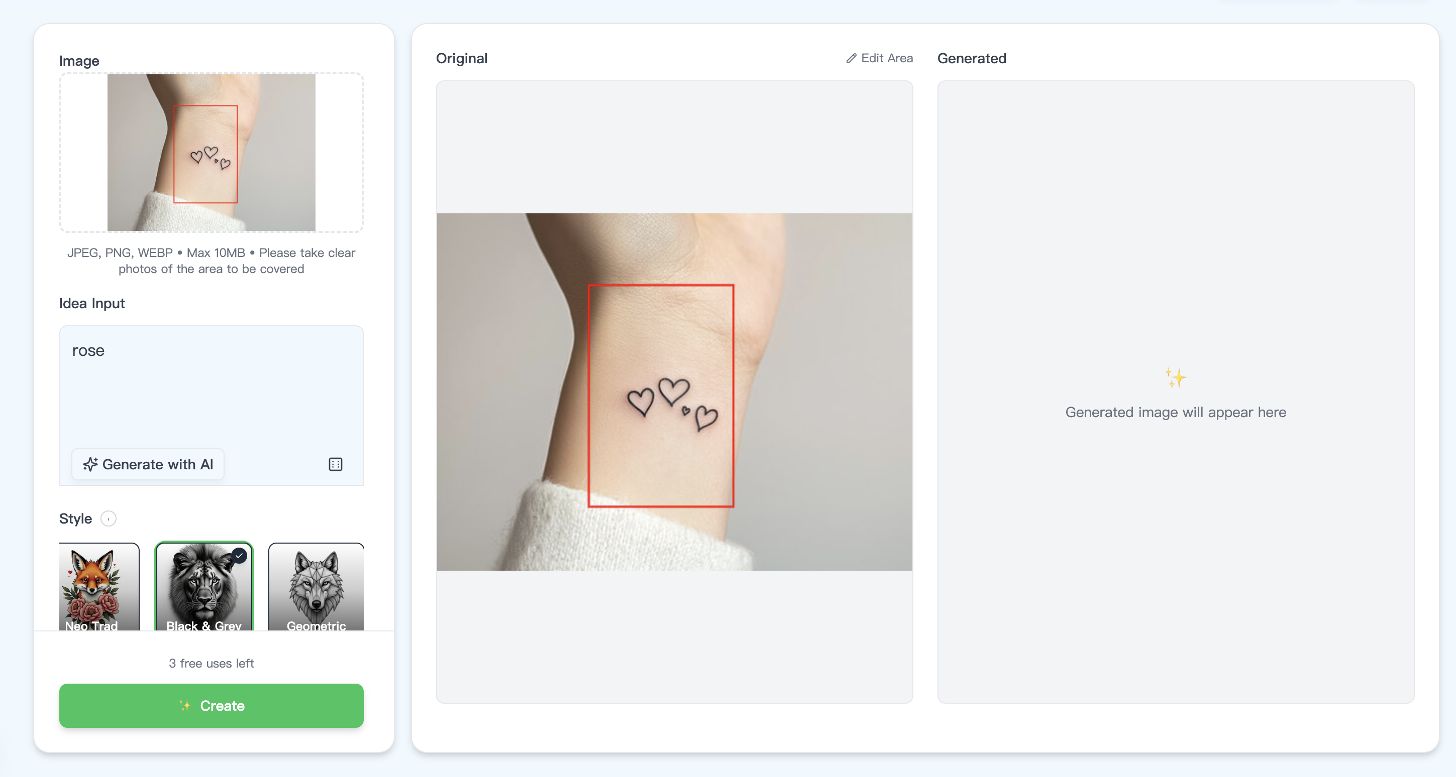 TattooCoverUp.AI - เครื่องกำเนิดการปกปิดรอยสัก AI ปฏิวัติวงการ - เครื่องกำเนิดรอยสัก AI, ​​การเปลี่ยนแปลงรอยสัก, เครื่องกำเนิดรอยสัก AI, ​​ปกปิดแนวคิดเกี่ยวกับรอยสัก, การปรับเปลี่ยนรอยสัก, เครื่องมือวางแผนรอยสัก, ดูตัวอย่างรอยสักดิจิทัล, โซลูชันการปกปิดรอย media 3