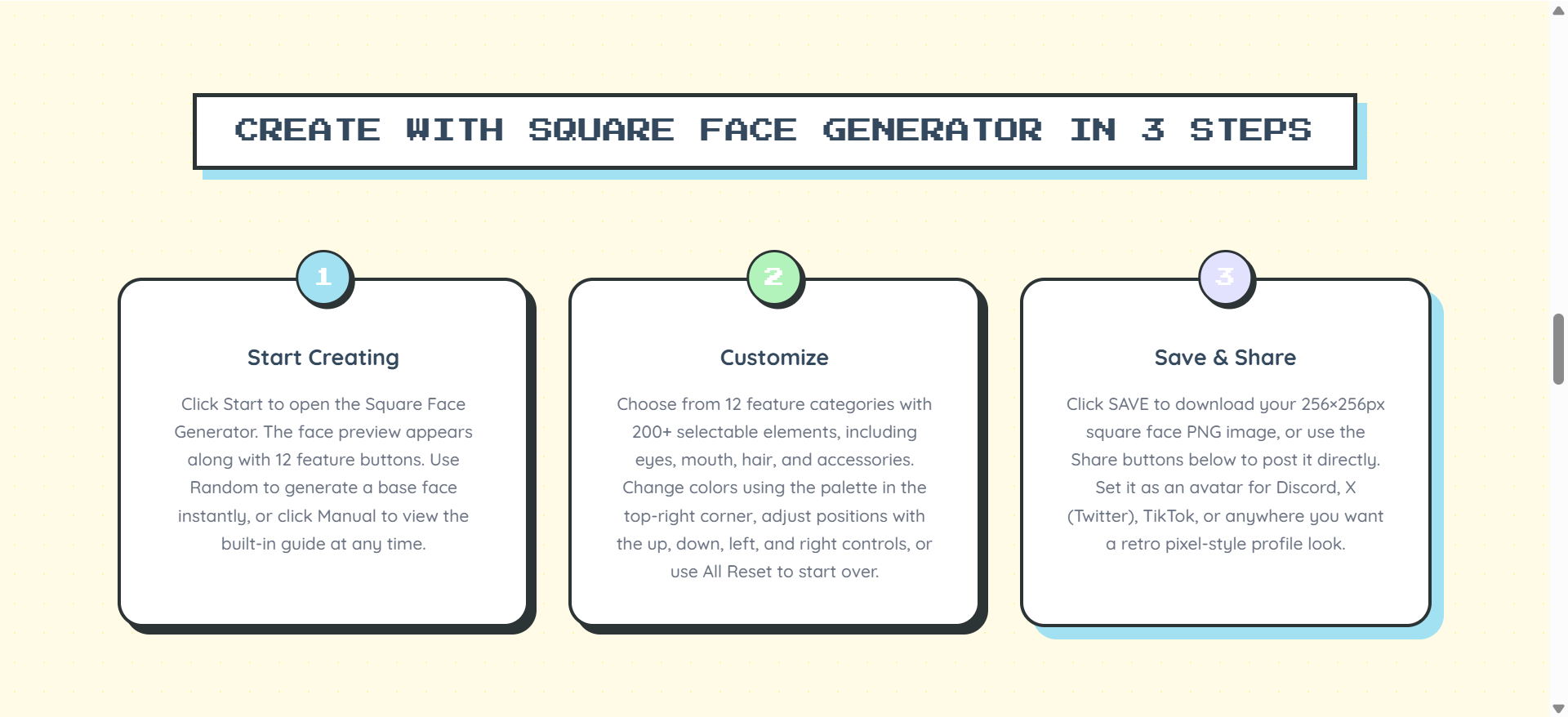 Square Face Generator - Create adorable pixel avatars in seconds. No login required. media 4