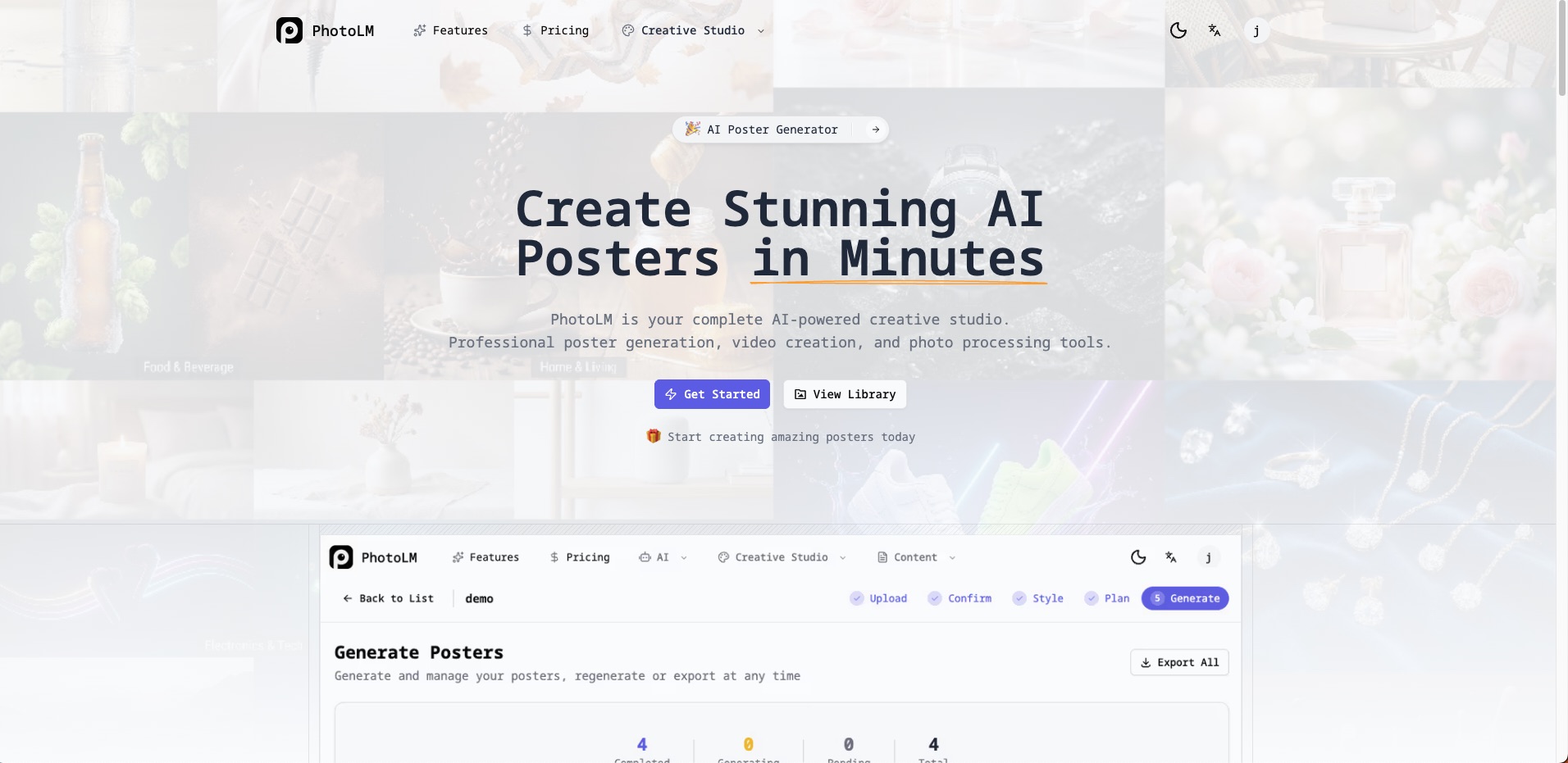 PhotoLM - AI creative studio to generate professional posters, videos, and enhanced photos with multi-resolution exports and cloud asset storage. media 1