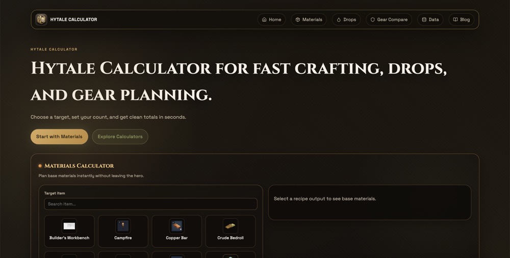 hytale calculator - Hytale Calculator: Crafting Materials, Recipe Costs, Loot Drop Odds, Gear & Stat Comparisons, and Build Planning - a fast, fan-made toolbox to help Hytale players theorycraft and prepare. media 1