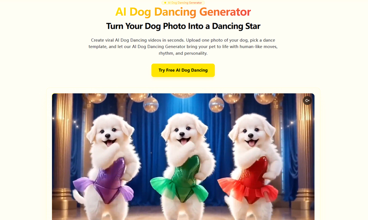 AI Dog Dancing Generator - Create viral AI Dog Dancing videos in seconds. Upload one photo of your dog, pick a dance template, and let our AI Dog Dancing Generator bring your pet to life with human-like moves, rhythm,  media 1