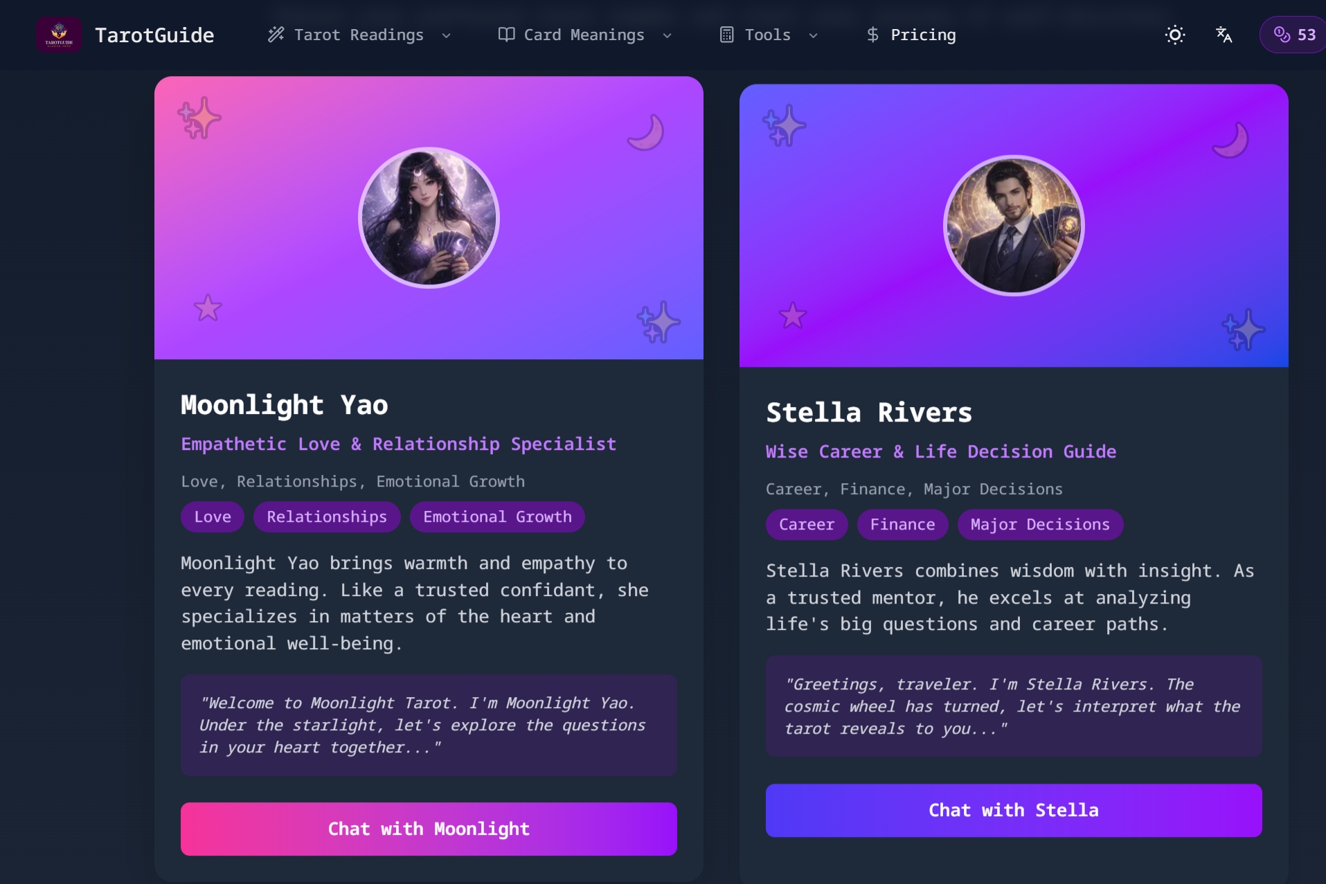 TarotGuide - Interactive tarot + two AI readers (love vs career) media 3