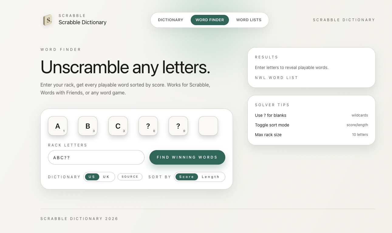 Scrabble Dictionary - Scrabble dictionary and word-finder that validates words against official lists on the server and adds cached definitions for quick lookups. media 1