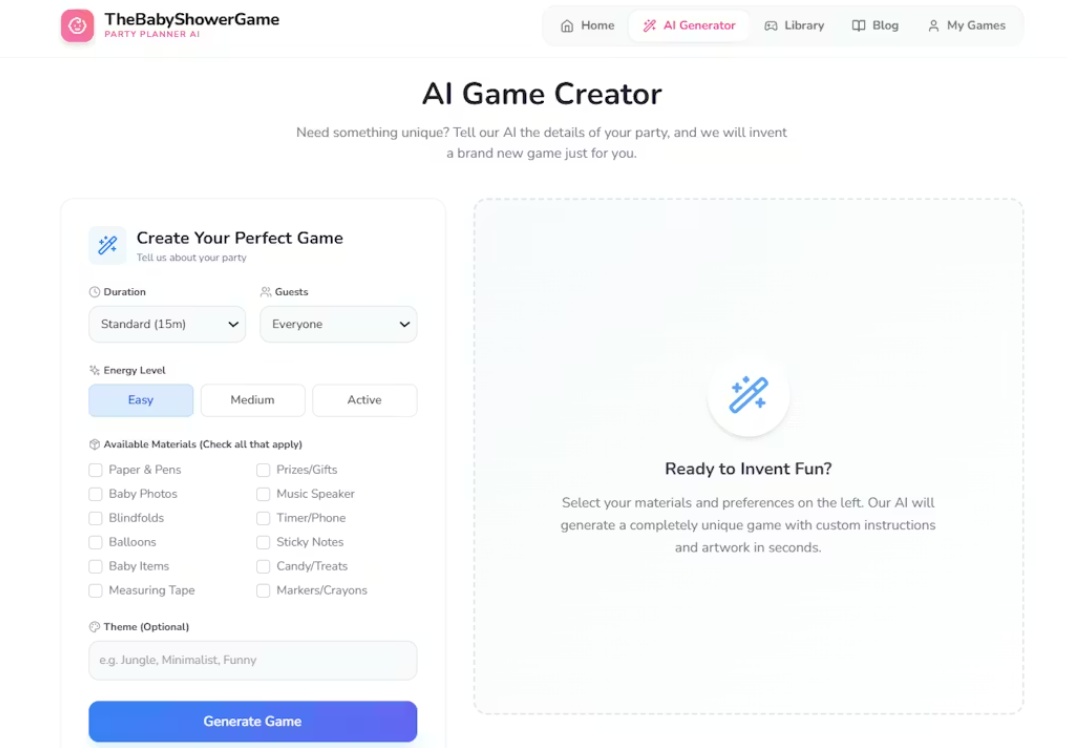 Mídia 2 de O gerador de jogos para chá de bebê - Crie jogos divertidos e personalizados para chá de bebê instantaneamente.
