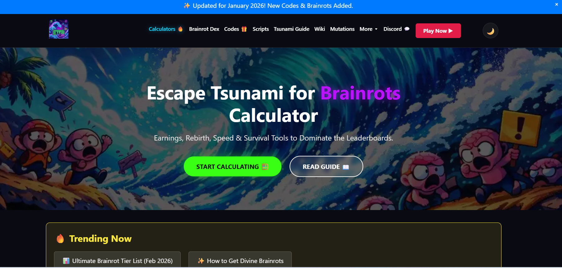 وسائط الهروب من تسونامي لحاسبة Brainrots - آلة حاسبة سهلة الاستخدام للعبة Escape Tsunami للاعبي Brainrots والتي تساعد في تحليل فرص البقاء على قيد الحياة بناءً على عوامل اللعب.مفيد للمبتدئين ولاعبي Roblox ذوي الخبرة الذين يتطلعون إلى ا 1