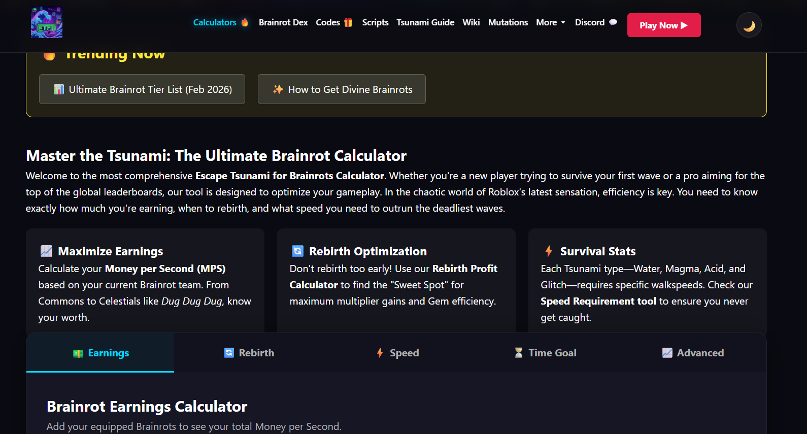 وسائط الهروب من تسونامي لحاسبة Brainrots - آلة حاسبة سهلة الاستخدام للعبة Escape Tsunami للاعبي Brainrots والتي تساعد في تحليل فرص البقاء على قيد الحياة بناءً على عوامل اللعب.مفيد للمبتدئين ولاعبي Roblox ذوي الخبرة الذين يتطلعون إلى ا 2