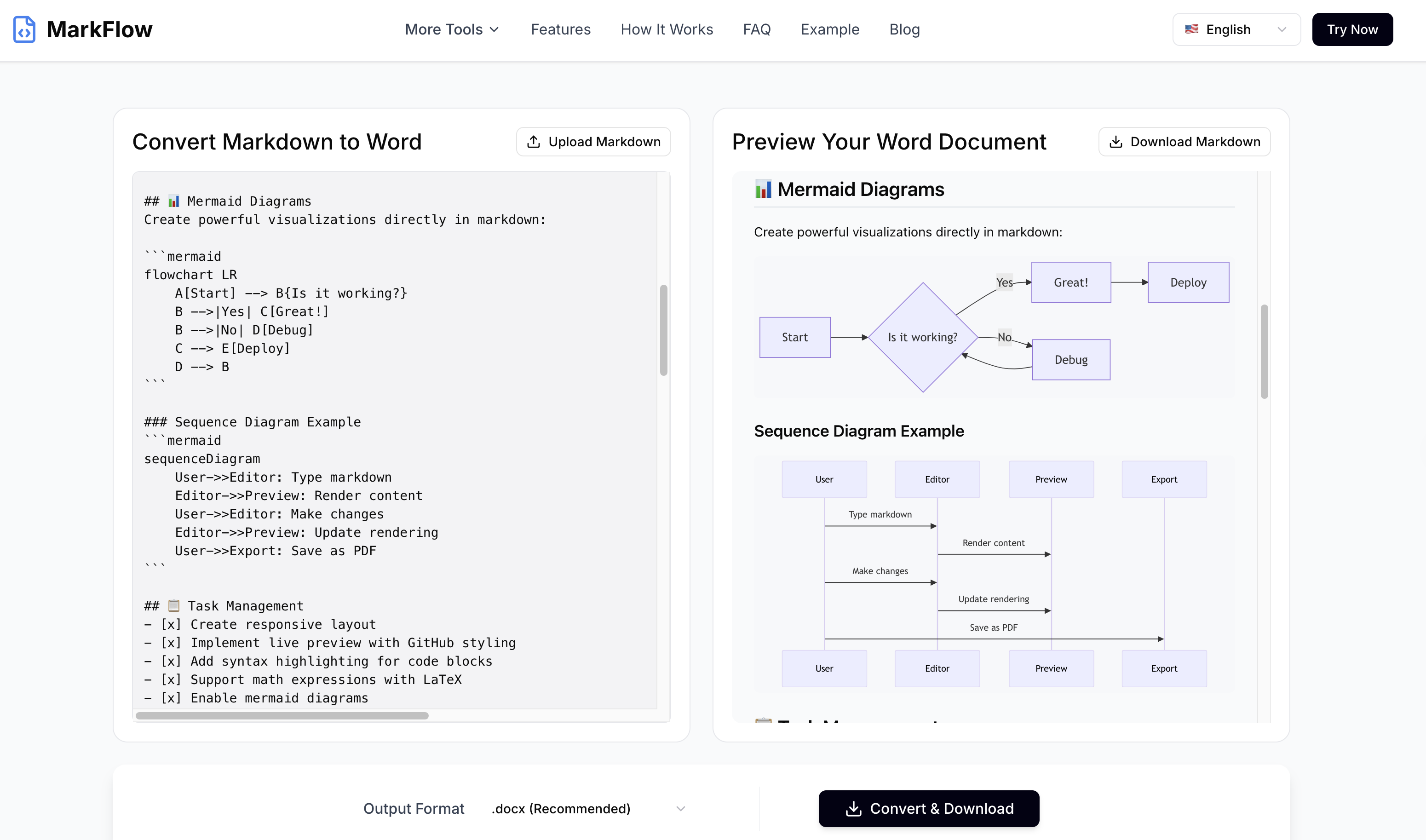 وسائط مارك فلو - تخفيض السعر إلى محول الكلمات: مجاني، يدعم LaTeX وMermaid 2