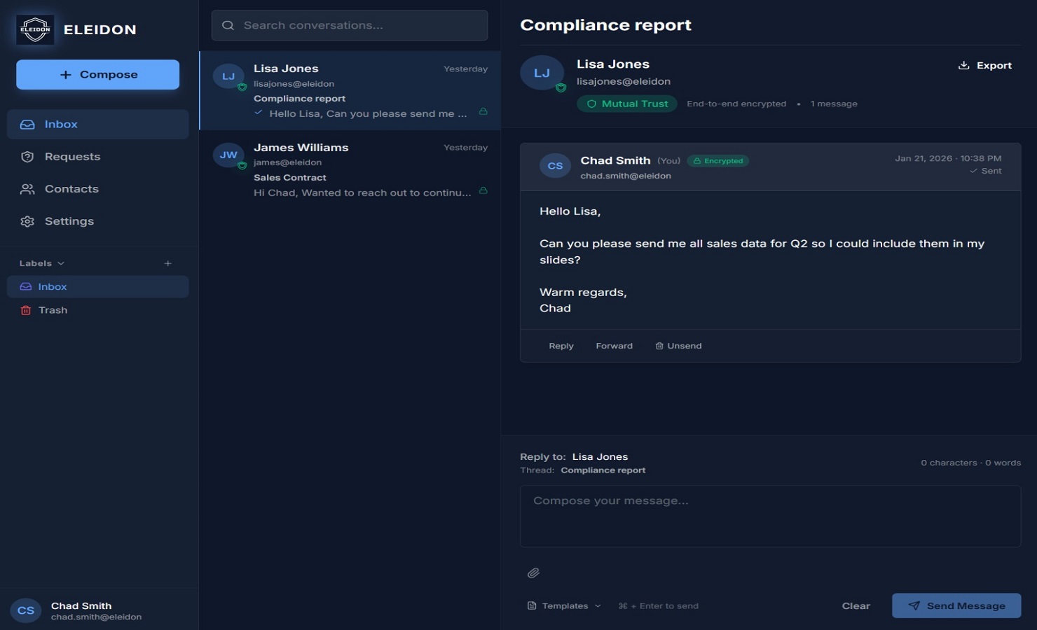 Eleidon - phishing-proof messaging,secure messaging,anti-phishing app,verified senders,end-to-end encryption,email alternative,no spam inbox,anti-spoofing,secure external communication media 1