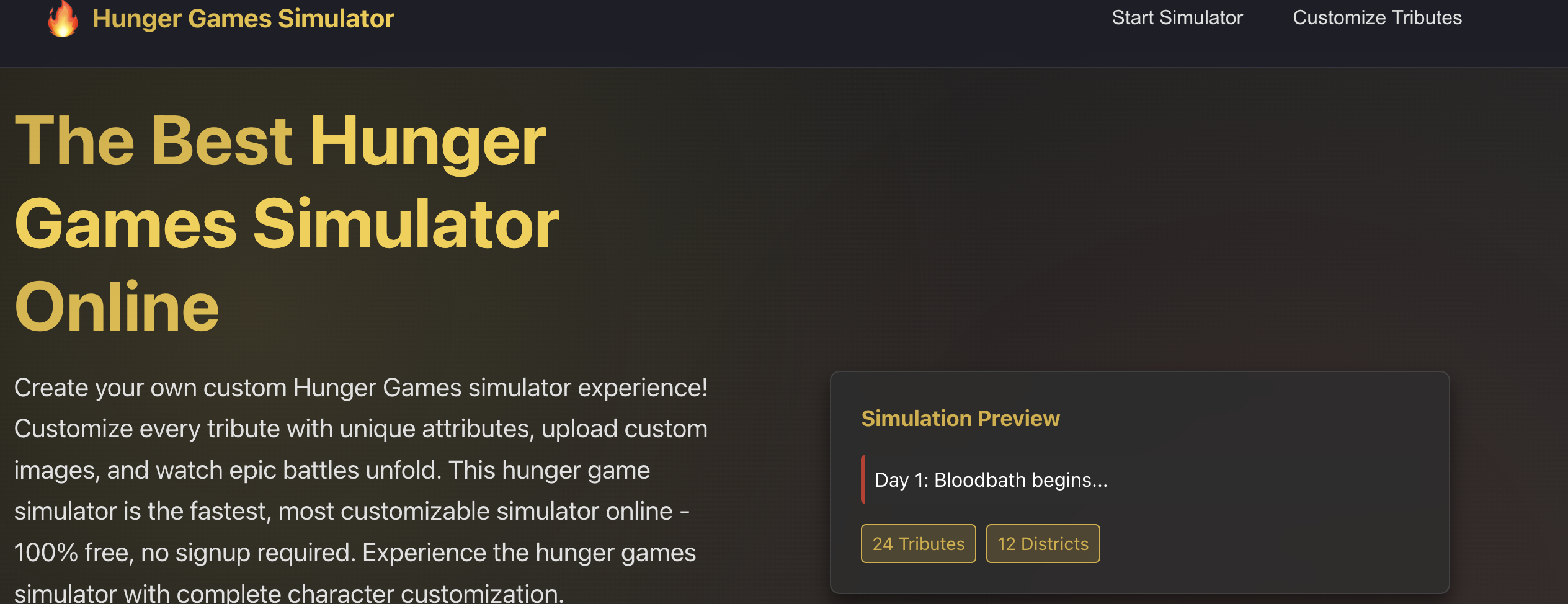 헝거 게임 시뮬레이터 - 맞춤형 Hunger Games 시뮬레이터: 속성과 관계가 포함된 헌정물을 만들고, 한 명의 승자가 나올 때까지 내러티브 시뮬레이션을 실행하세요.무료이며 가입이 필요하지 않습니다. 미디어 1