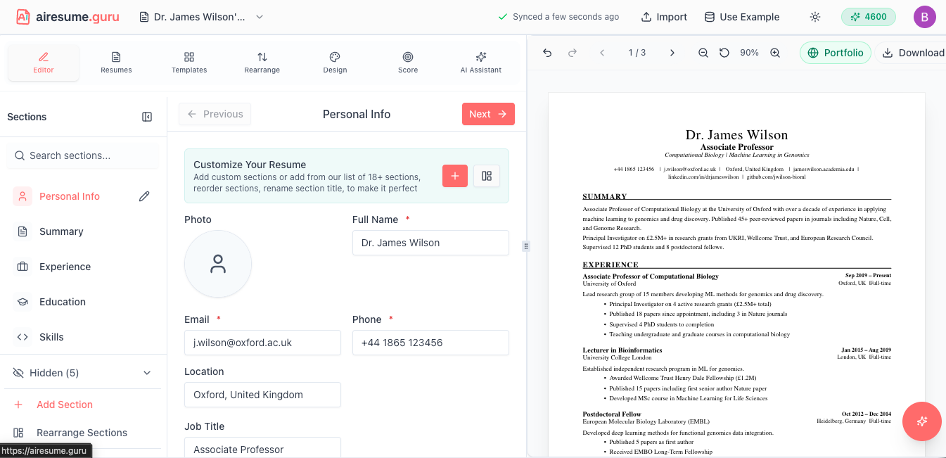사랑 레 순회 - 무료 AI 이력서 작성기.가입이 없습니다.페이월이 없습니다.인터뷰를 진행하는 전문적인 이력서입니다. 미디어 3