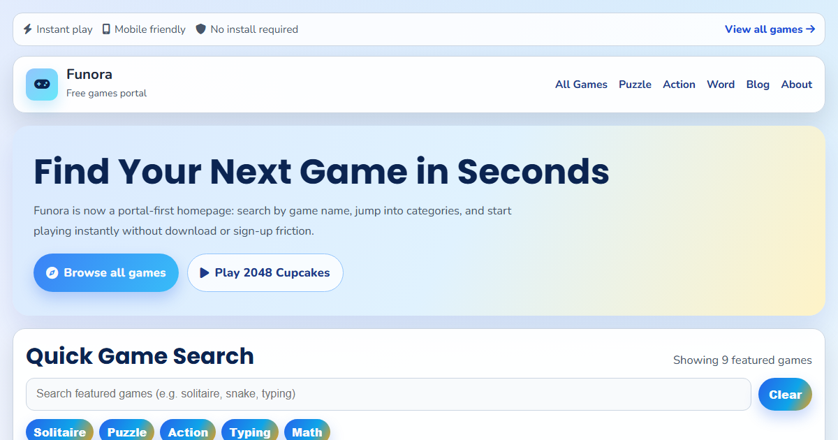 푸노라 - Funora는 무료 HTML5 게임, 솔리테어, 모바일 친화적인 다운로드 없는 게임플레이를 제공하는 브라우저 게임 허브입니다. 미디어 1