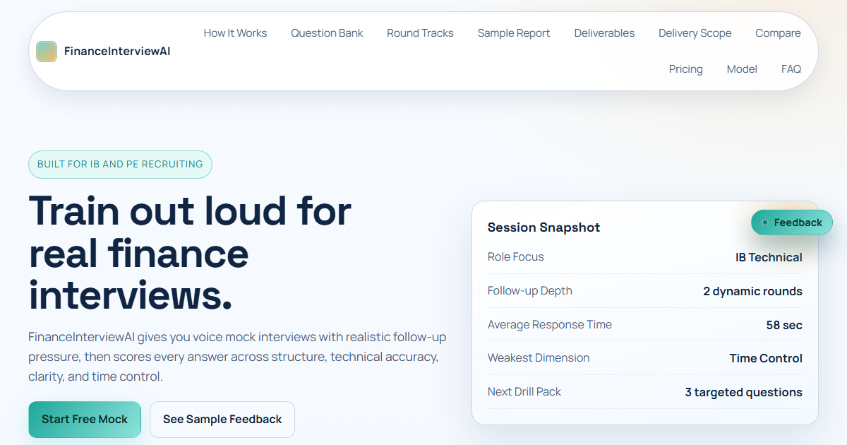 FinanceInterviewAI - AI voice mock interviews for IB and PE candidates with follow-up questions, rubric scoring, and targeted drill plans. media 1