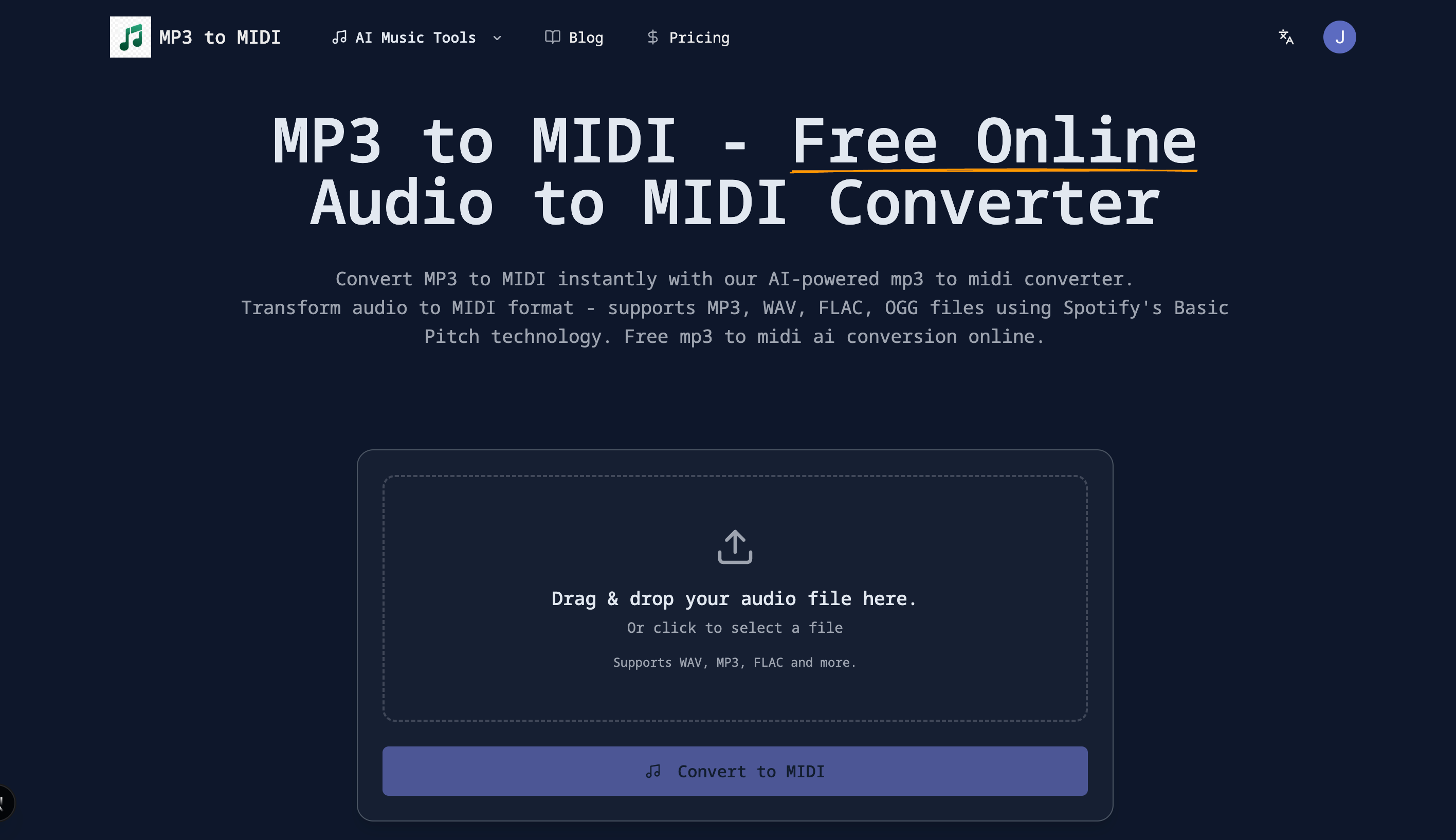 Mp3ToMidi - Free online MP3 to MIDI converter.Convert MP3 to MIDI for free with AI. Transform MP3, WAV, FLAC, OGG audio files to MIDI instantly media 1