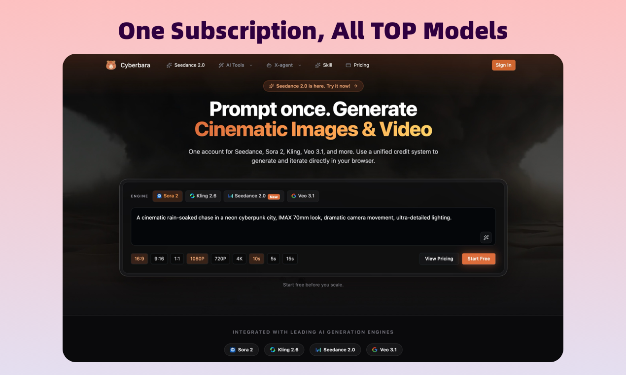 Cyberbara | Exclusive Seedance 2.0 Video Generator - Cyberbara is an all-in-one AI video generator featuring exclusive access to Seedance 2.0. Transform text into stunning, high-fidelity videos instantly. media 1