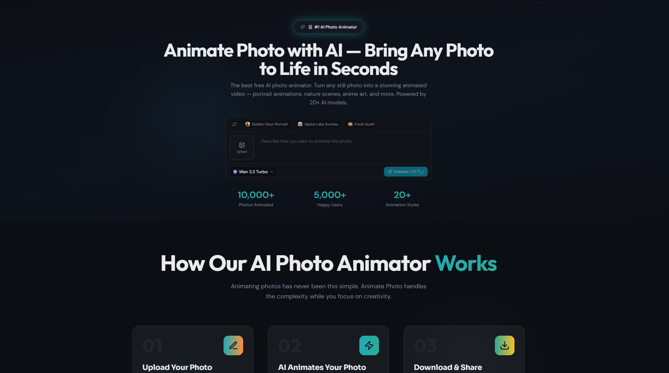 Fotoğrafı Canlandır - Herhangi bir fotoğrafı doğal hareketle videoya dönüştüren ücretsiz AI fotoğraf animatörü.Seedance, Kling, Wan, Sora, Grok, Hailuo, LTX ve Veo3 dahil olmak üzere birden fazla AI modelini deste medya 1