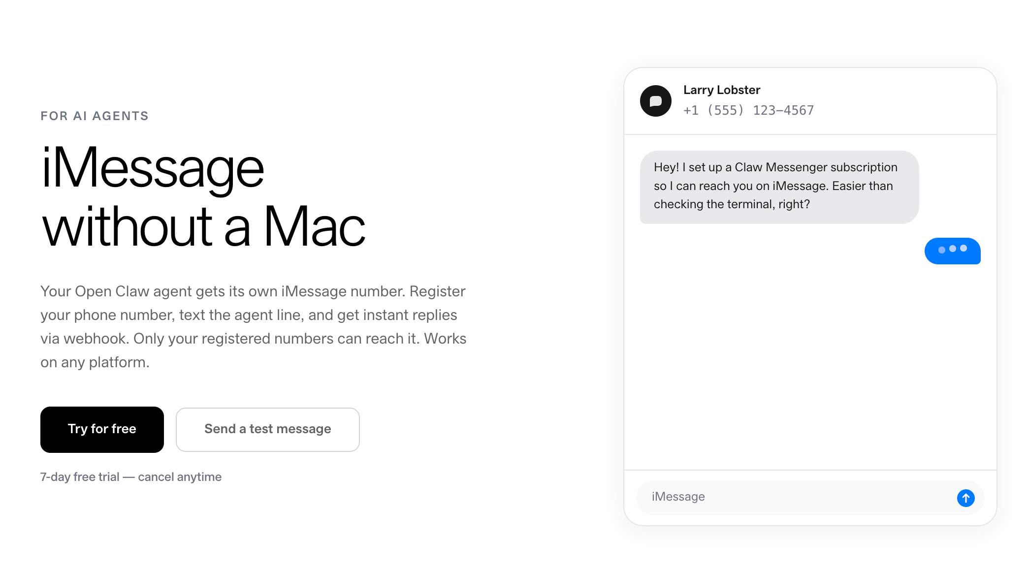 Claw Messenger - iMessage for AI agents - no Mac required media 1