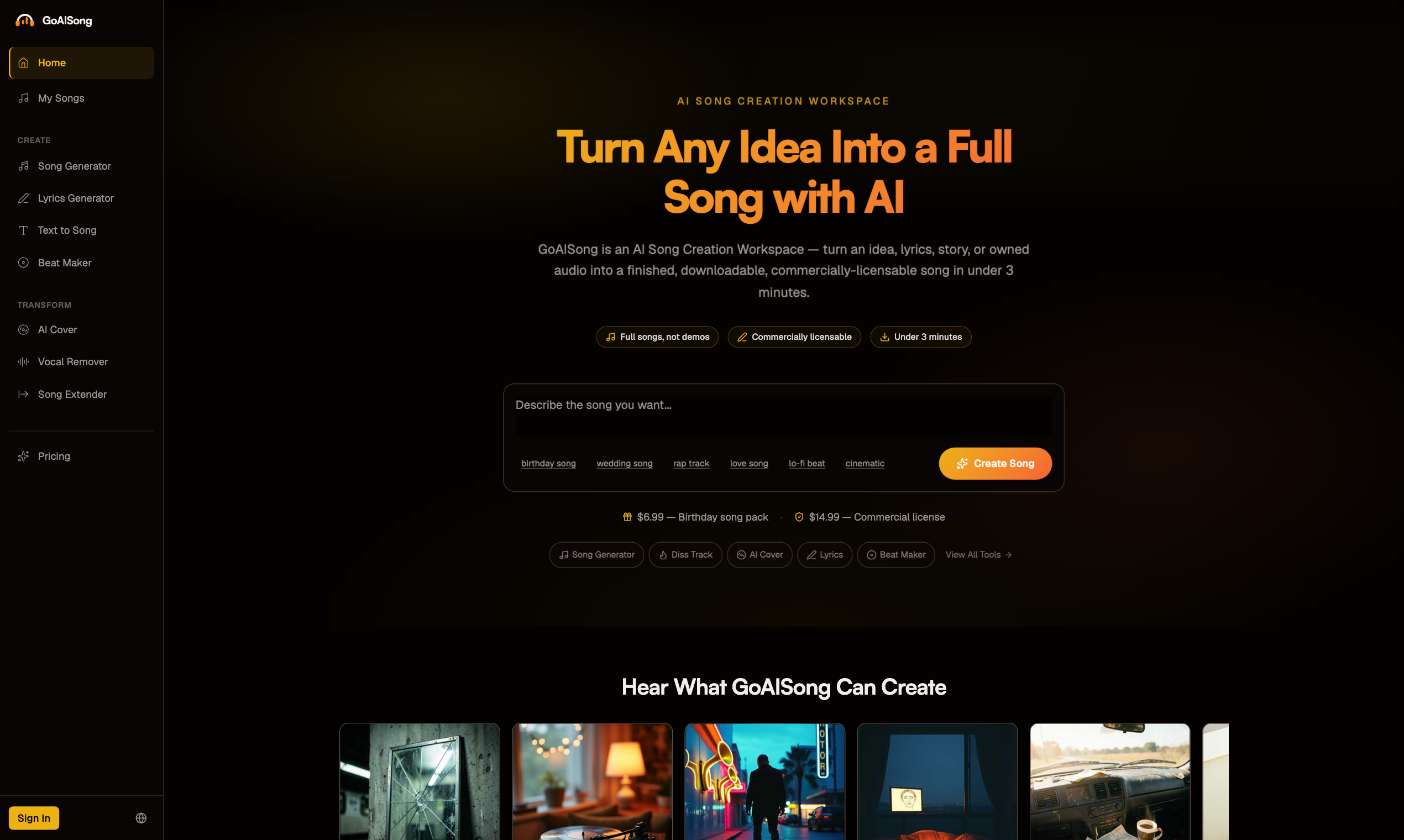 GoAISong - AI song generator, AI music generator, text to song, lyrics to song, personalized song, birthday song, love song, AI beat maker, AI cover safety, commercial use music, YouTube intro song, pod media 1