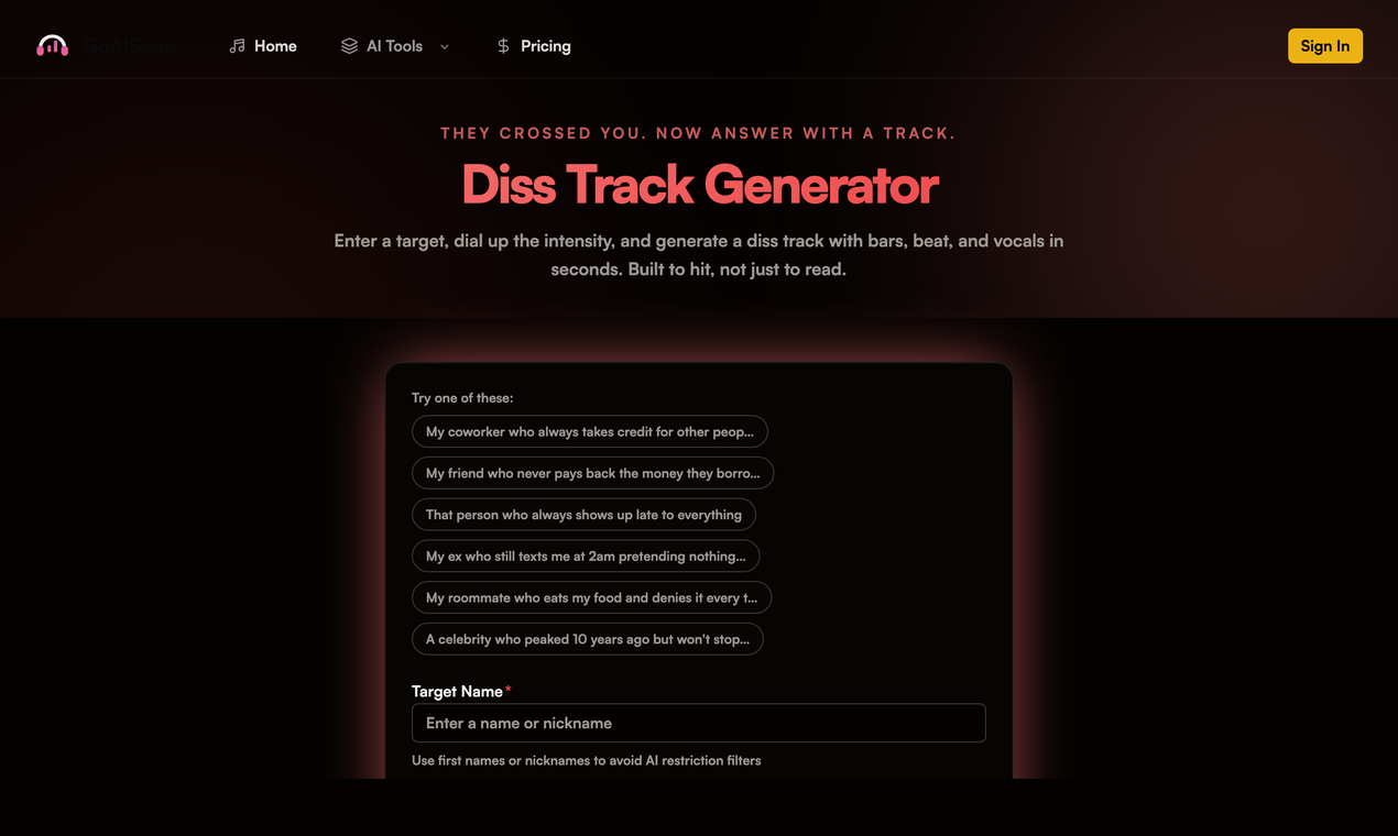 GoAISong - AI song generator, AI music generator, text to song, lyrics to song, personalized song, birthday song, love song, AI beat maker, AI cover safety, commercial use music, YouTube intro song, pod media 3
