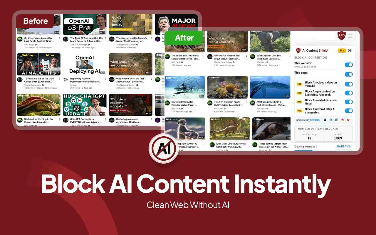 AI Content Shield - AI Content Blocker for YouTube, Social Feeds & Google AI Overviews media 1