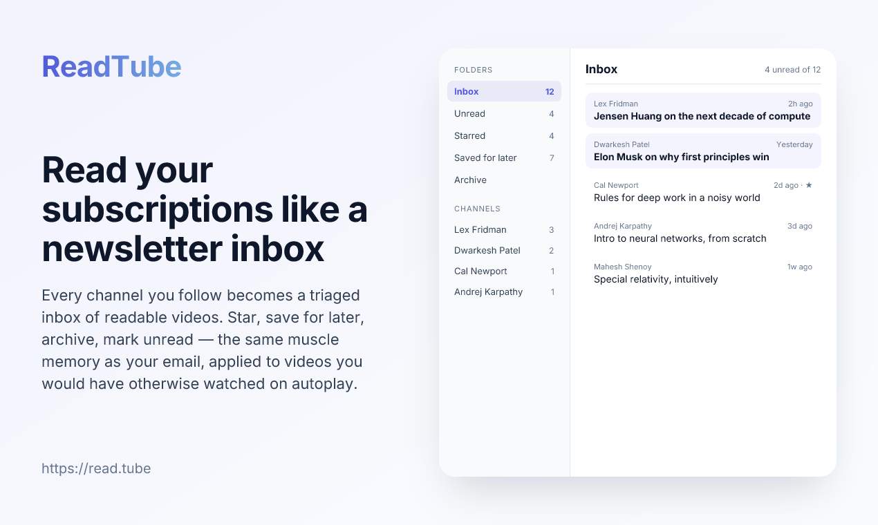 ReadTube - Turn YouTube subscriptions into a personal newsletter media 1