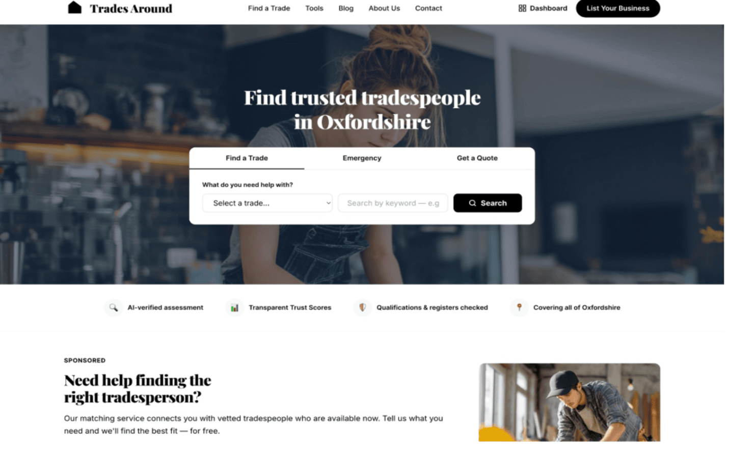 TradesAround - Una directory basata sull'intelligenza artificiale di commercianti controllati dell'Oxfordshire: ogni inserzione viene valutata automaticamente rispetto a Companies House, Gas Safe, NICEIC e  media 1