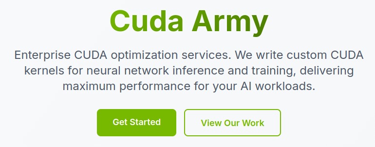 CUDA Army - Nvidia, CUDA, AI, SaaS, enteprise, optimization, algortithsm, data structures, compilers, inference, training, pipeleines, sharding, parallel, GPU, NPU, XPU, TPU, AMD, Intel, Pytorch, Jax, Cu media 1