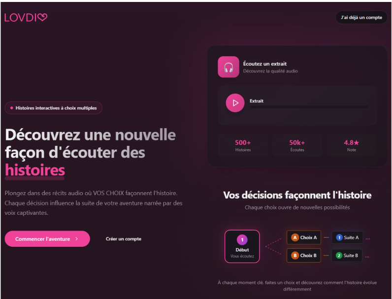Lovdio - Lovdio is an interactive audio romance platform where you live immersive love stories through sound — choosing your path and shaping each chapter with your voice and your decisions. media 1