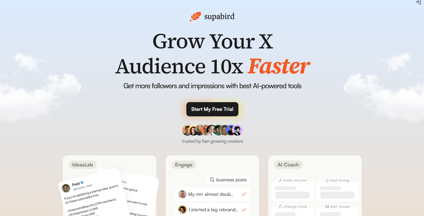 SupaBird - AI content generation, social media automation, X growth tool, viral thread discovery, smart scheduling, engagement automation, creator analytics, tweet assistant media 1