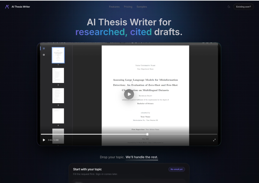 AI Thesis Writer - AI Thesis Writer turns any topic into a fully structured, cited academic draft — from bachelor's papers to PhD dissertations — in minutes. Powered by 19 specialized AI agents, it handles the media 1