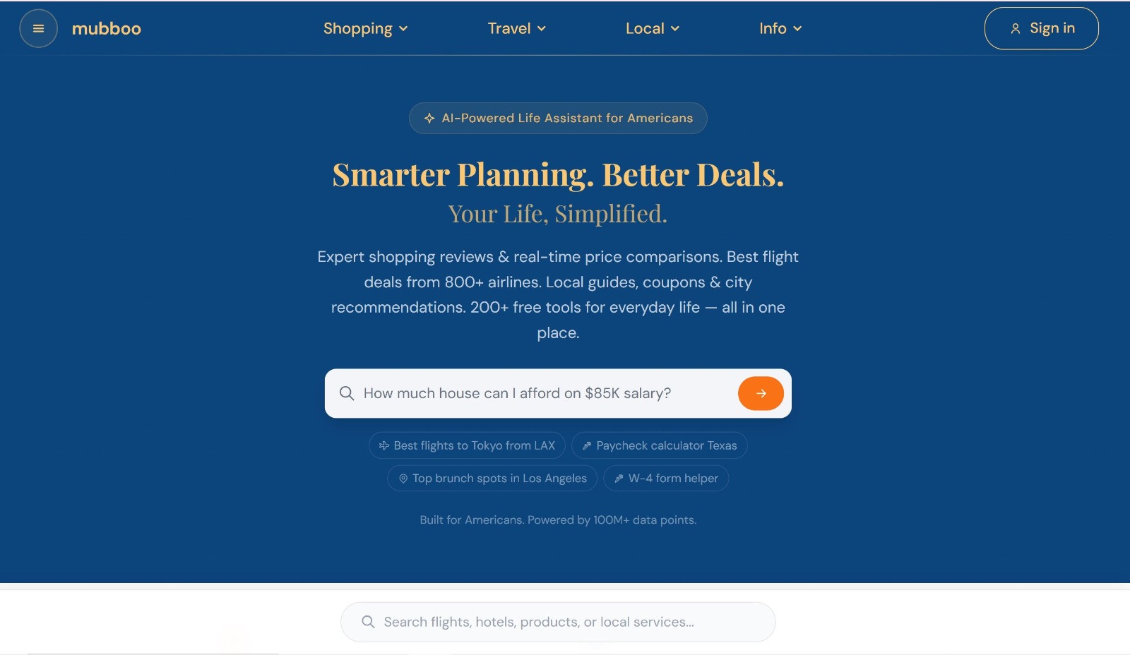 mubboo.com - AI-powered life assistant for Americans — compare 1M+ products, find best flight deals from 800+ airlines, explore local guides, and use 200+ free tools. media 1