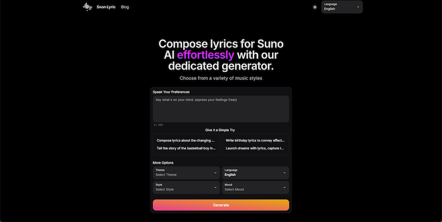 Snon Lyric - AI-powered lyric generator for music creators and Suno AI users. media 1